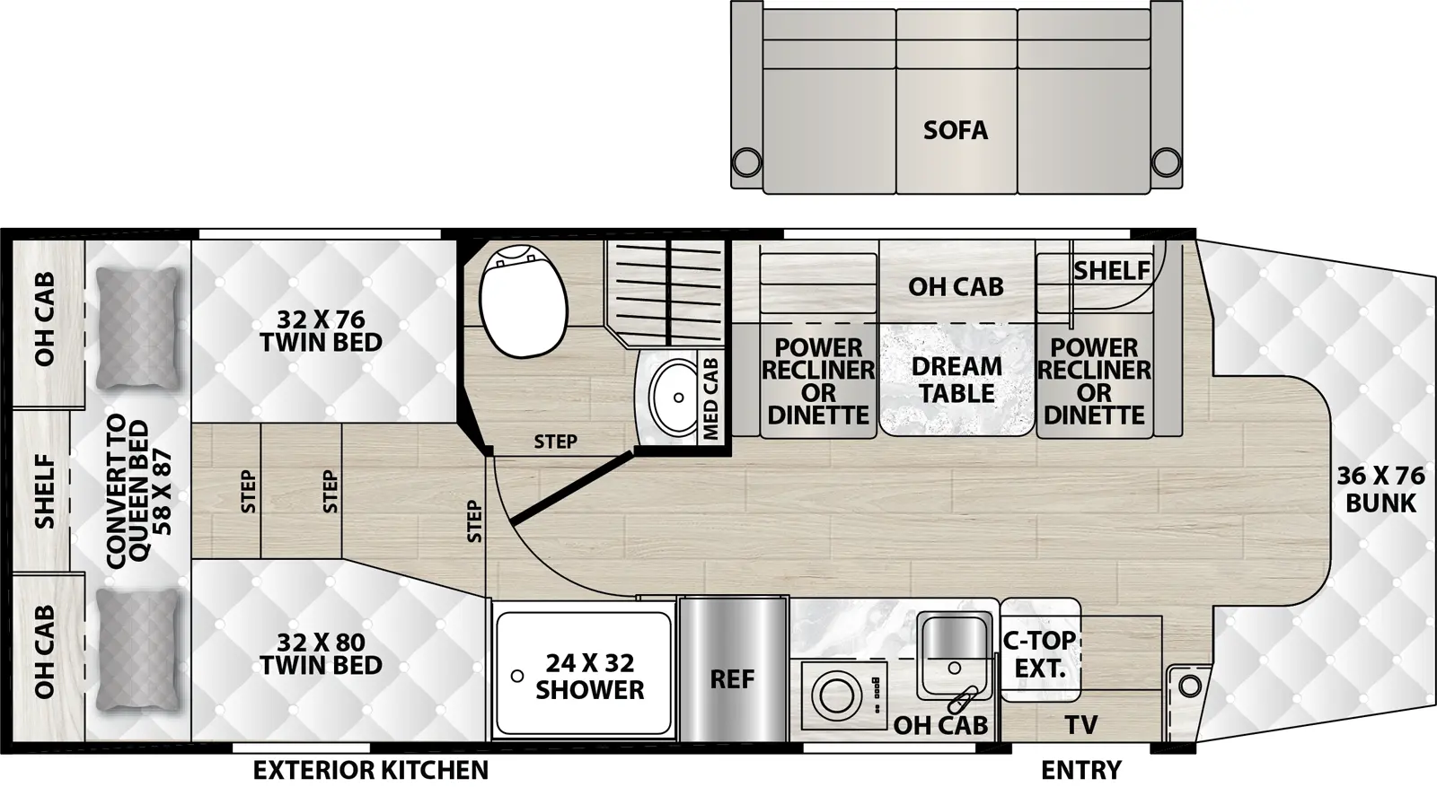 The Cross Trail 26TB floorplan has one entry and zero slide outs. Exterior features include: 14' Armless awning. Interiors features include: bunk over cab.